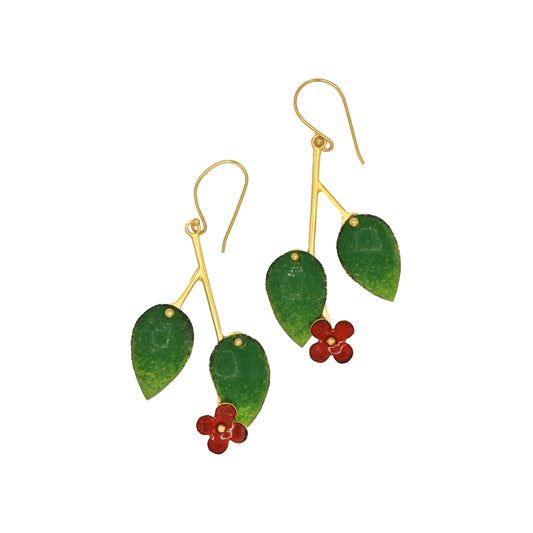 Two Leaves One Flower Red Earrings